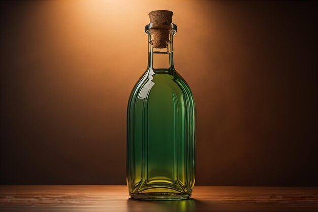 Bottle with a liquid on a solid color background ai generative