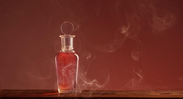 Bottle with magic potion in smoke