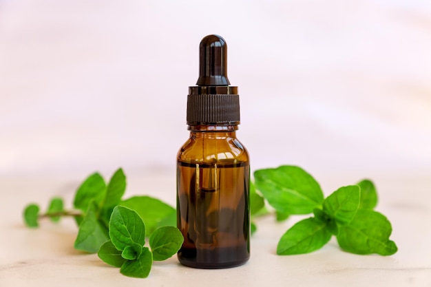 bottle with mint essential oil and green leaves fresh green peppermint herbal essensce for spa and alternative madicine