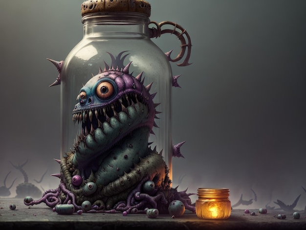 A bottle with a monster inside of it