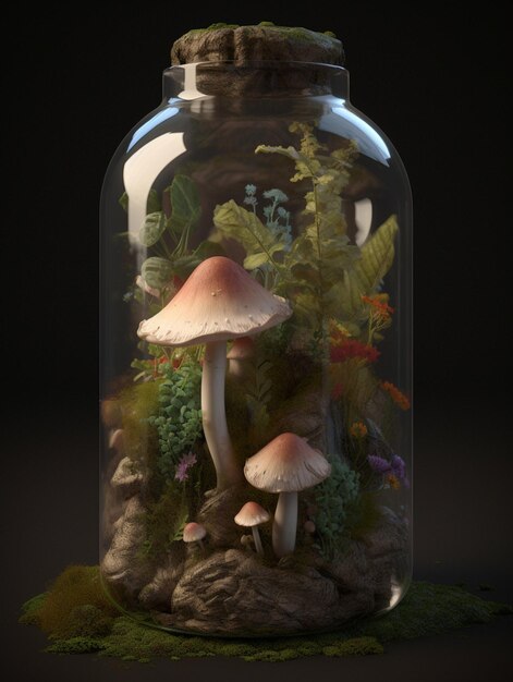 A bottle with mushrooms and plants inside