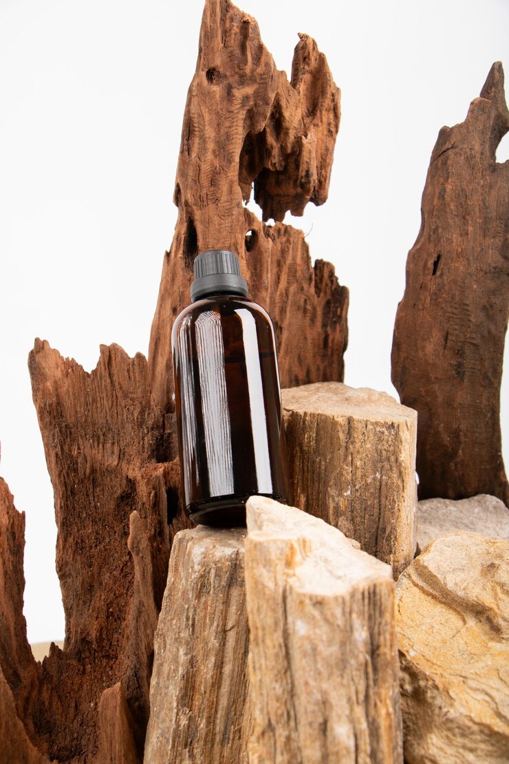 Photo bottle with natural wood and minimal background