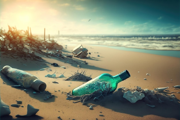 タコの入った瓶が浜辺に横たわっています。