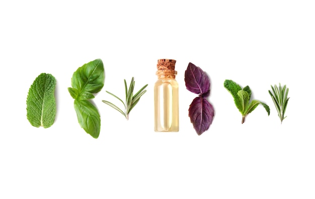 Bottle with oil and leaves of different herbs on white background