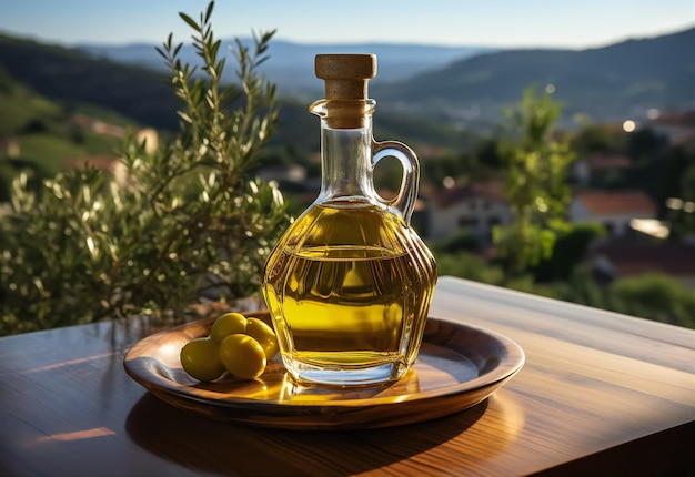 bottle with olive oil and olives