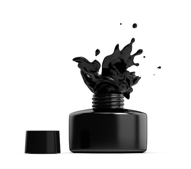 bottle with open cap and splashing black paint inkwell render product image of inkstand flacon