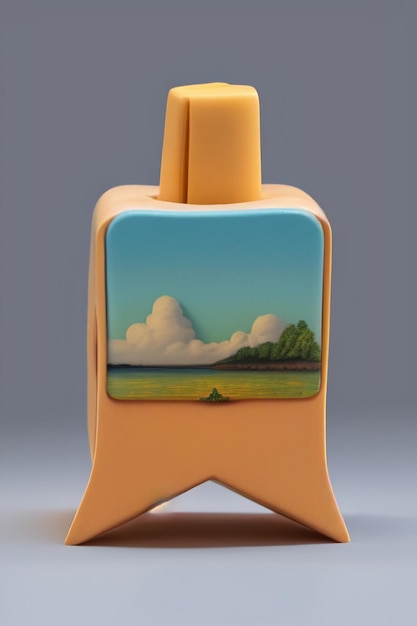 A bottle with a picture of a beach scene on it