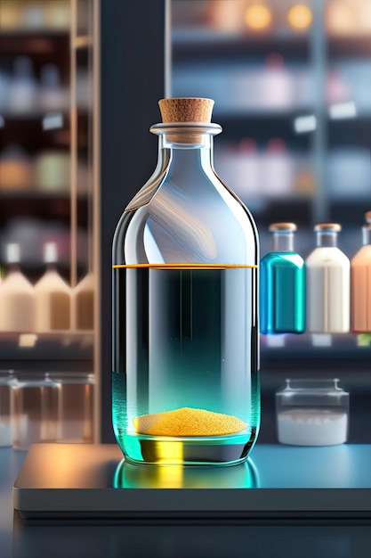 Bottle with pills on the background of the pharmacy laboratory