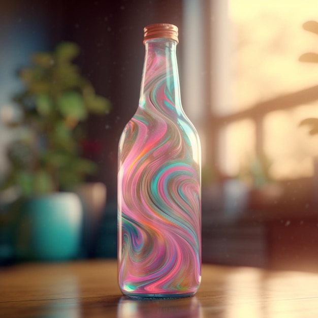A bottle with pink and blue swirls on it