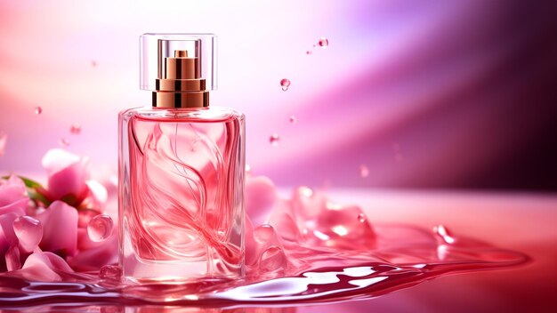 写真 ピンクのオイ・ド・トイレット (pink eau de toilette) のボトル抽象的なピンクの背景に新鮮な香水アロマコンセプトが描かれています