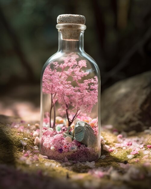 A bottle with a pink tree inside of it