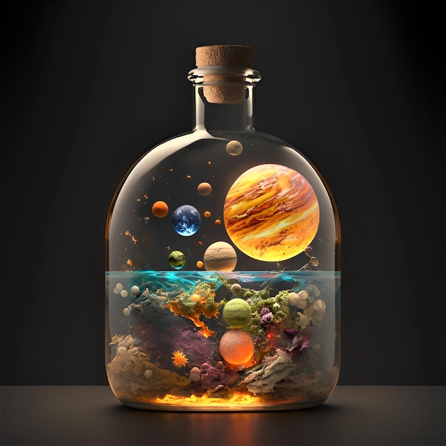 Photo a bottle with a planet inside of it