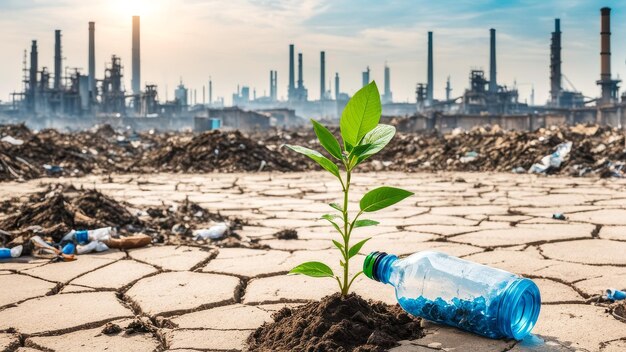 A bottle with a plant inside growing and at the bottom a polluted place environment life on earth