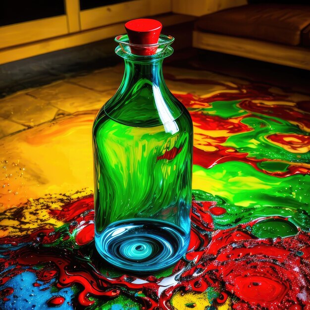 A bottle with a red cap sits on a colorful surface.