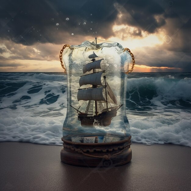 A bottle with a ship inside is in the water.