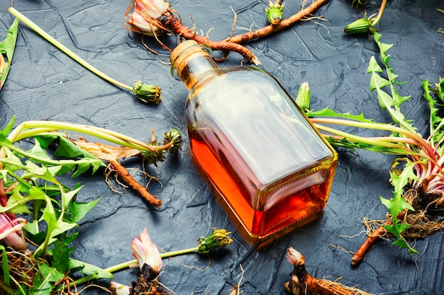 Bottle with tincture of dandelion.Taraxacum,medicinal plants.Dandelion root.