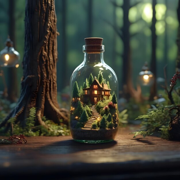 a bottle with a tiny forest scene