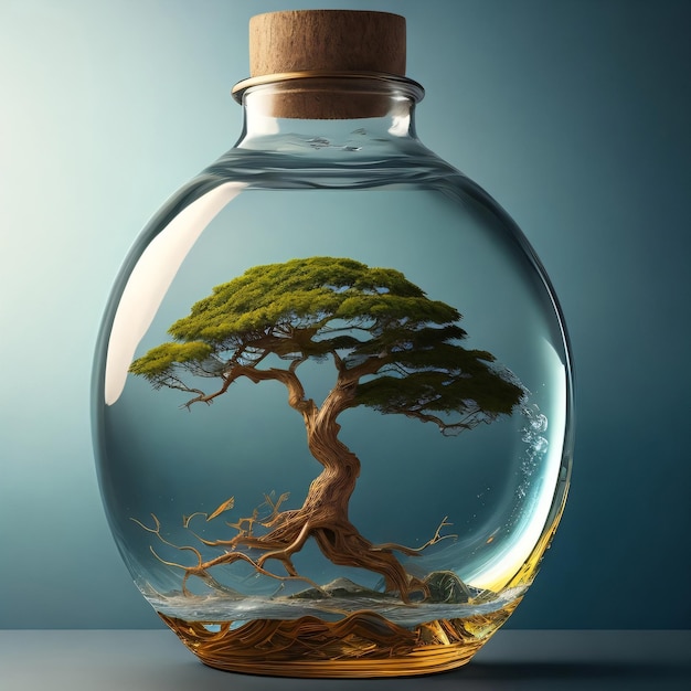 A bottle with a tree in it that is filled with water.