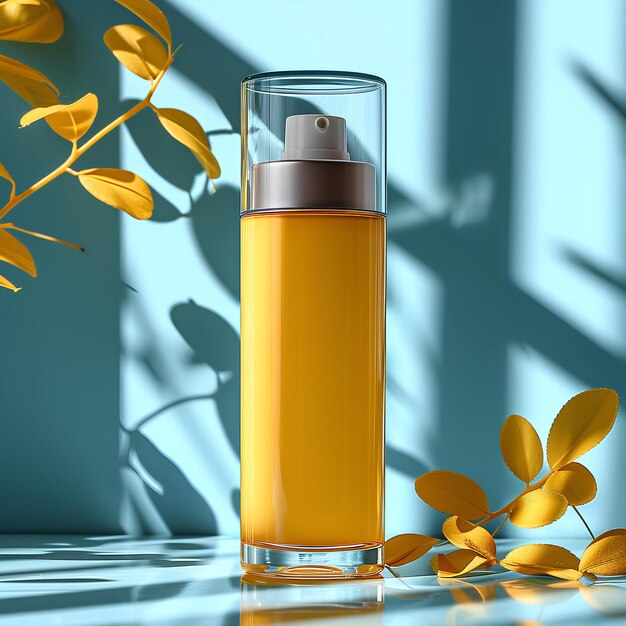 A bottle of yellow liquid next to a yellow flower on a table with a shadow of a wall behind it