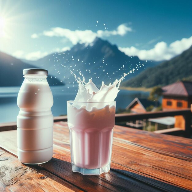 Photo bottle of yoghurt on a wooden table