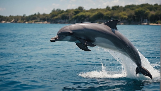 A bottlenose dolphin leaps out of the water