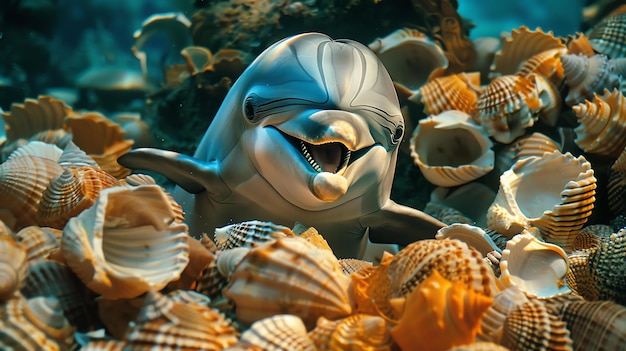 Foto un delfino naso bottiglia sorride mentre nuota attraverso una colorata barriera corallina