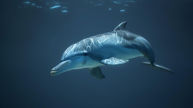 A bottlenose dolphin swims gracefully through the deep blue ocean