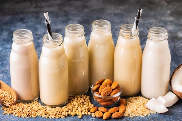 A bottles of alternative  milk and ingredients for cooking.