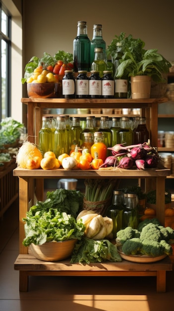 사진 식료품 가게 의 나무 선반 에 있는 여러 가지 유기농 채소 와 과일 의 병 과 그