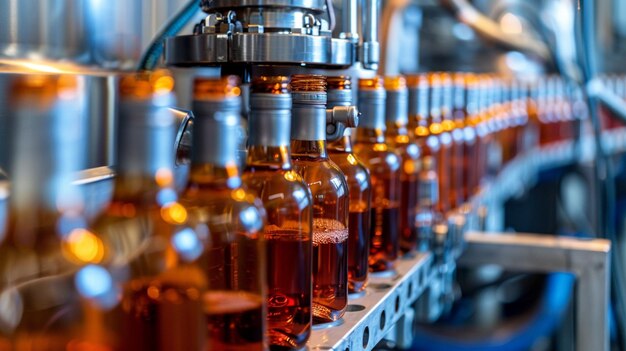 bottles of beer are lined up on a conveyor belt generative ai