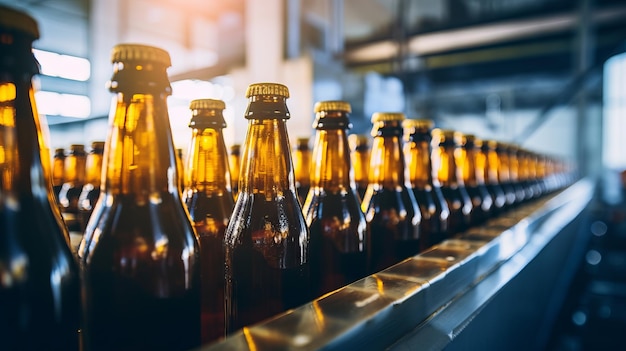 Bottles of beer on a conveyor belt in a factory