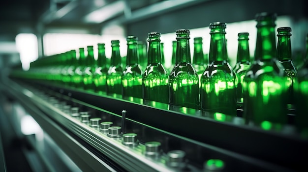 Bottles of beer on a conveyor belt in a factory