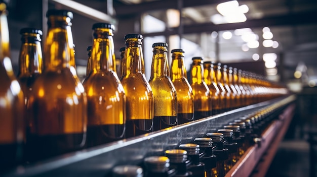 Bottles of beer on a conveyor belt in a factory