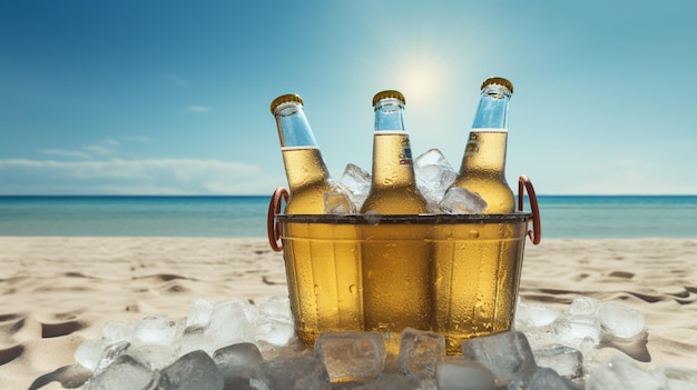 bottles of beer with ice cubes in the beach on a background of the sea