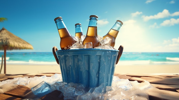 海の背景のビーチに氷の立方体を持ったビールのボトル