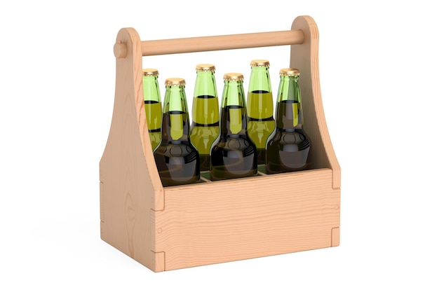 Photo bottles of beer in wooden packaging 3d rendering