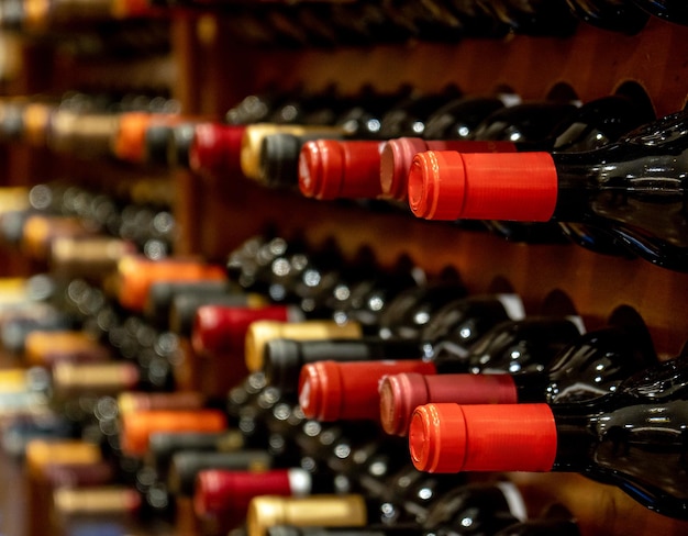 Photo bottles of black wine lined up and stacked on shelves in a collectible wine store