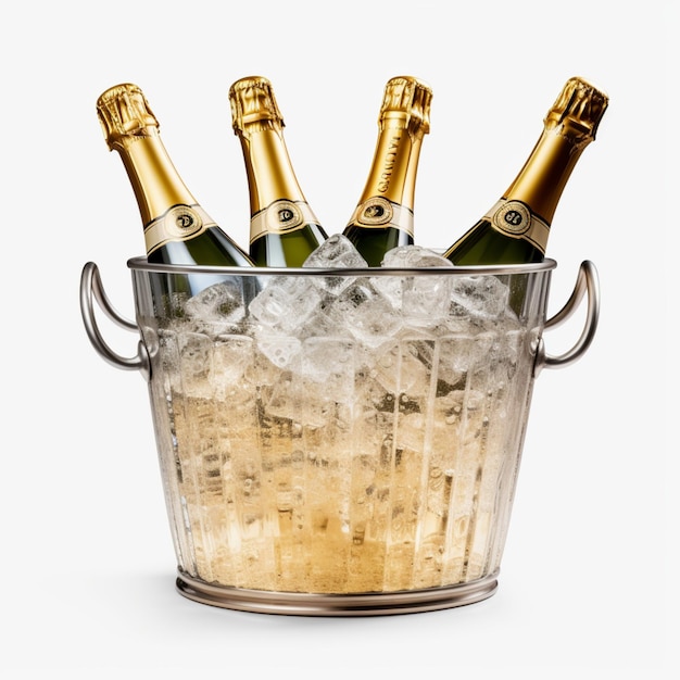Бутылки шампанского в холодильнике с ледяным ведрами, изолированные на прозрачном или белом фоне