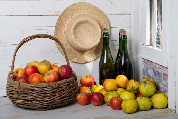 Bottles of cider and apples of normandy