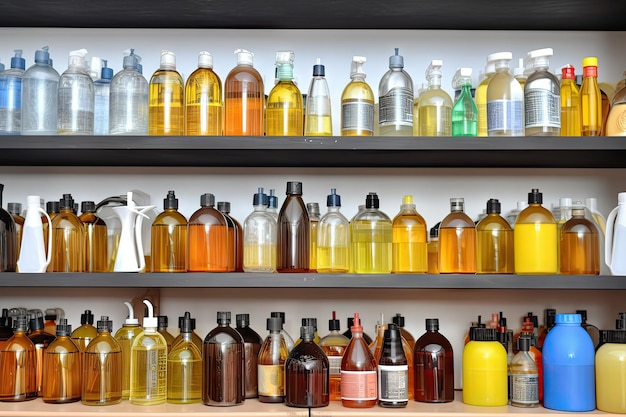 Bottles of cleaning agents and sprays on shelf created with generative ai