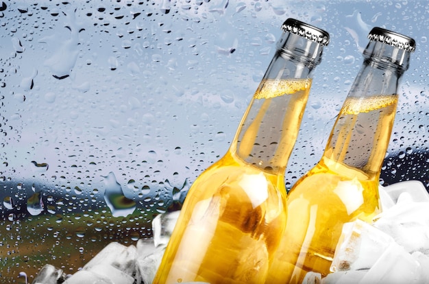 Photo bottles of cold and fresh beer with ice isolated