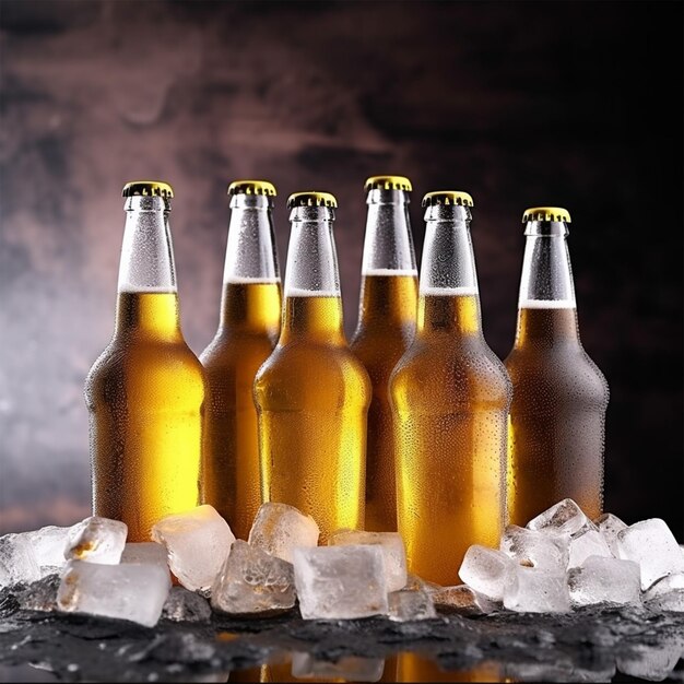 Photo bottles of cold and fresh beer with ice