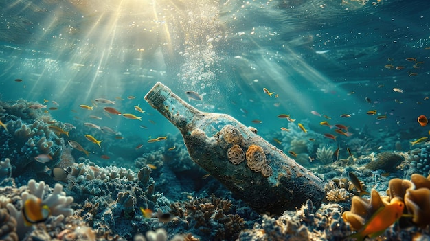 Bottles Among the Corals in Vivid Detail