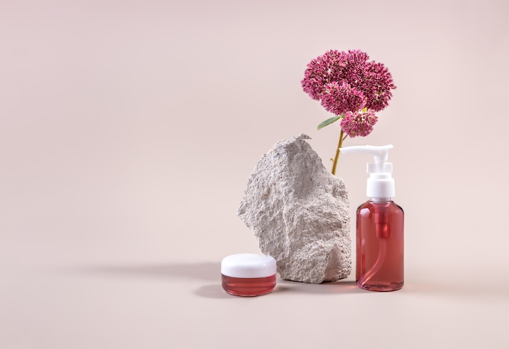 Photo bottles for cosmetics stone and succulent flower