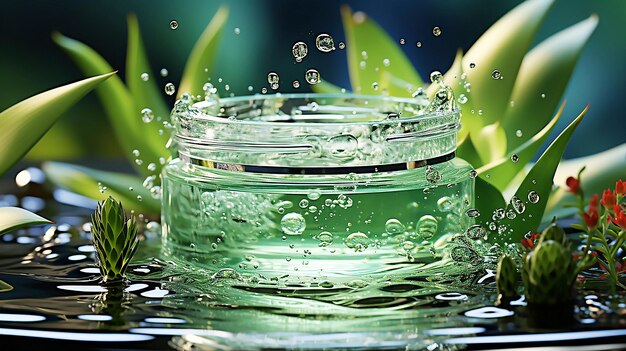 bottles of cream on a table with green aloe water drop