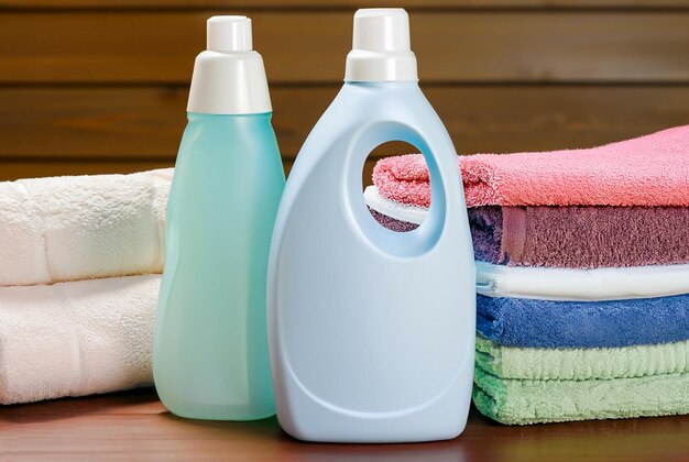Bottles of detergent and fabric softener with clean towels on wooden table Containers of cleaning