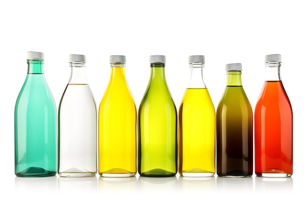 Bottles of different types of cooking oil isolated on a white background Generative AI