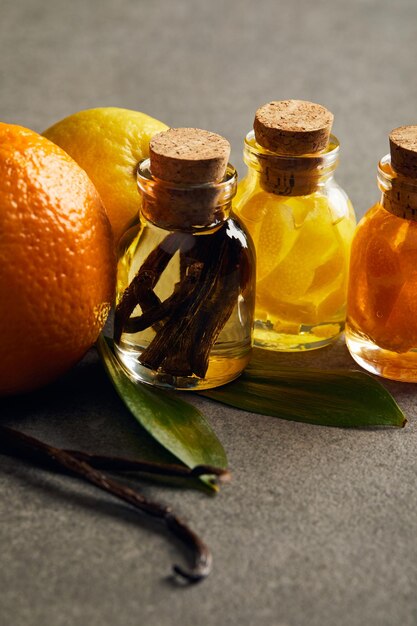 bottles essential oil lemon orange