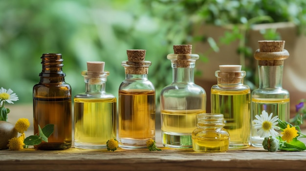 bottles of essential oils arranged on a tray fresh herbs in the backdrop diffusing natural scents