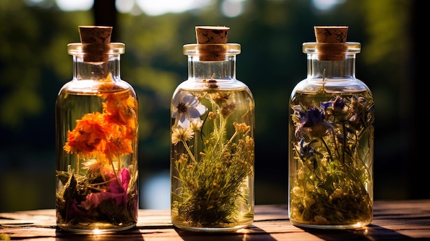 bottles of essential oils and herbs